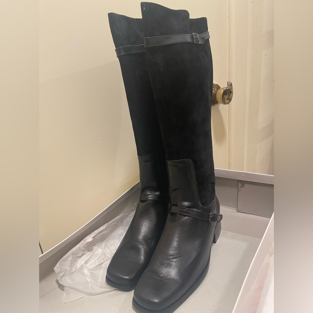 Women's Black Over-the-Knee Leather & Suede Riding Boots
